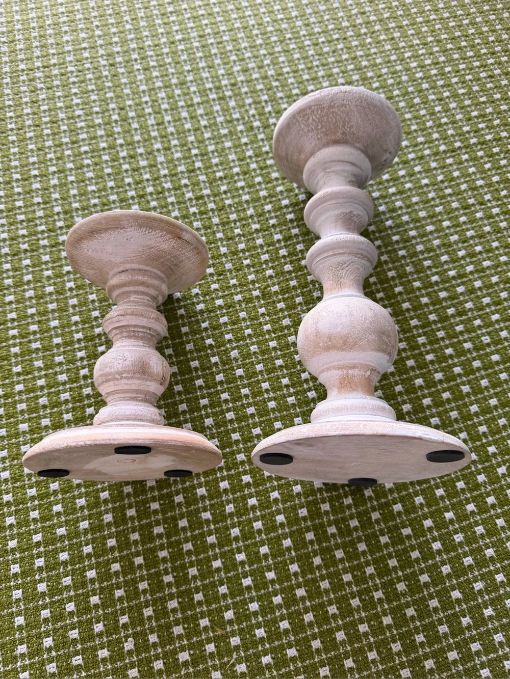 Pair of Whitewashed Wooden Pillar Candle Holders -Farmhouse 6” and 10”